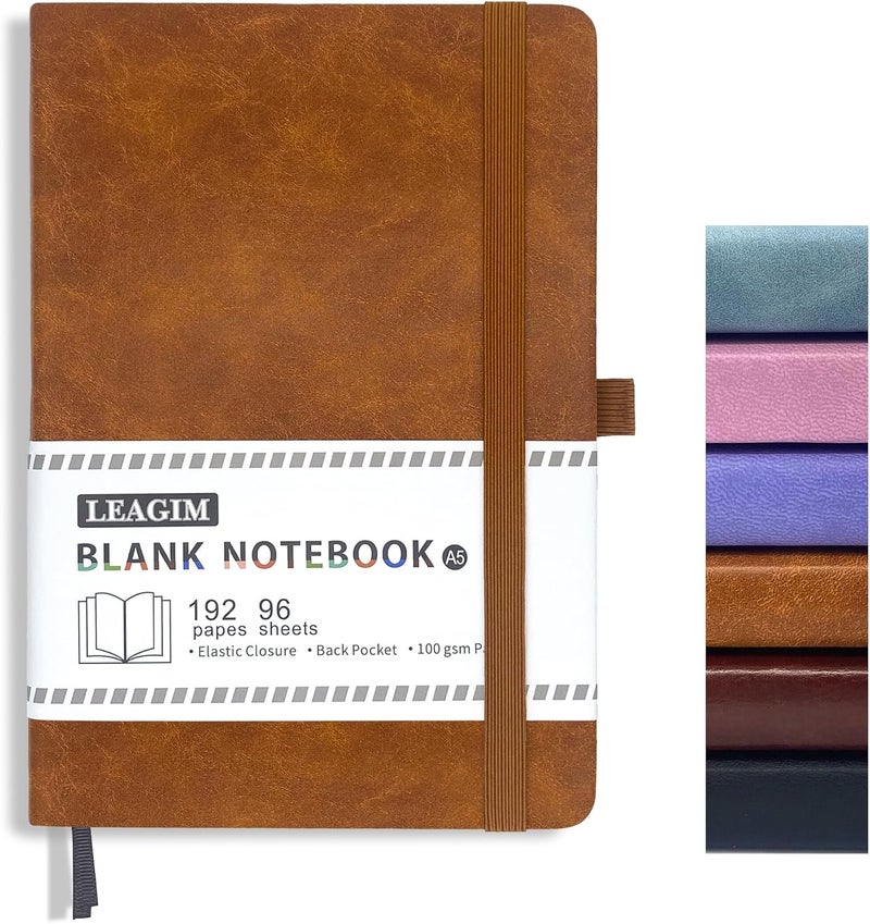 LEAGIM Blank Journal Notebook, A5, 192 Pages 100 GSM Thick Sketch Book for Women Men, Hardcover Leather Unlined Journaling for Work, Notebooks for Writing, 5.8 inches x 8.5 inches (Brown) - Image 1